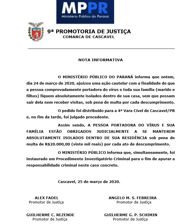Imagem referente a Família de mulher com coronavírus em Cascavel pode ser multada em R$ 20 mil se descumprir isolamento