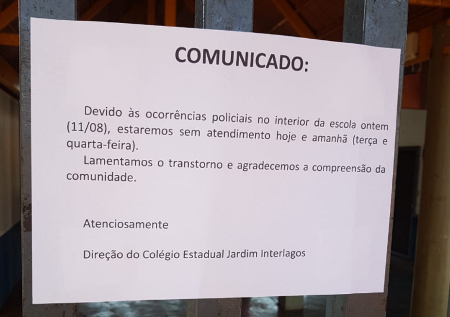 Após confronto com morte, Colégio Estadual Jardim Interlagos não terá atendimento hoje e amanhã