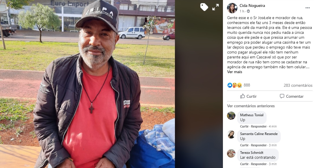 Imagem referente a Viralizou: Ação virtual tenta encontrar emprego para morador de rua de Cascavel