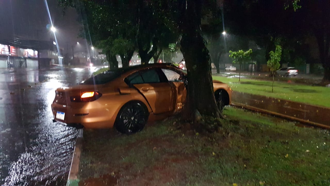 Imagem referente a BMW derrapa na pista e acerta árvore na Avenida Brasil