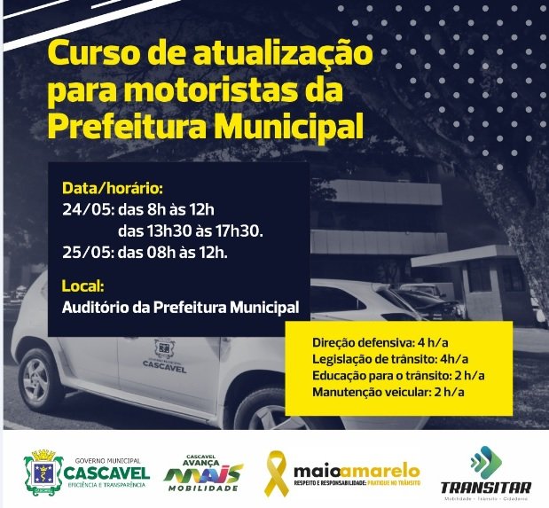 Imagem referente a Maio Amarelo: Transitar realizará capacitação para motoristas da Prefeitura e empresas de Cascavel