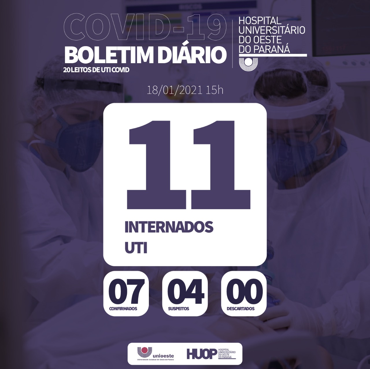 Imagem referente a Ala Covid-19 do HUOP tem 11 pacientes internados
