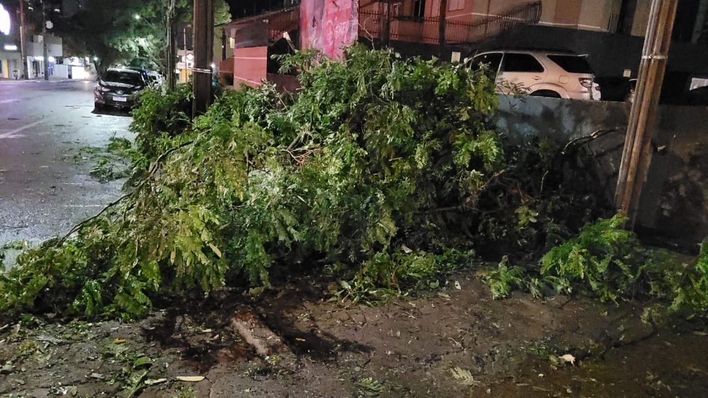 Ventos fortes deixam estragos na esquina das ruas Paraná e Riachuelo, no Centro