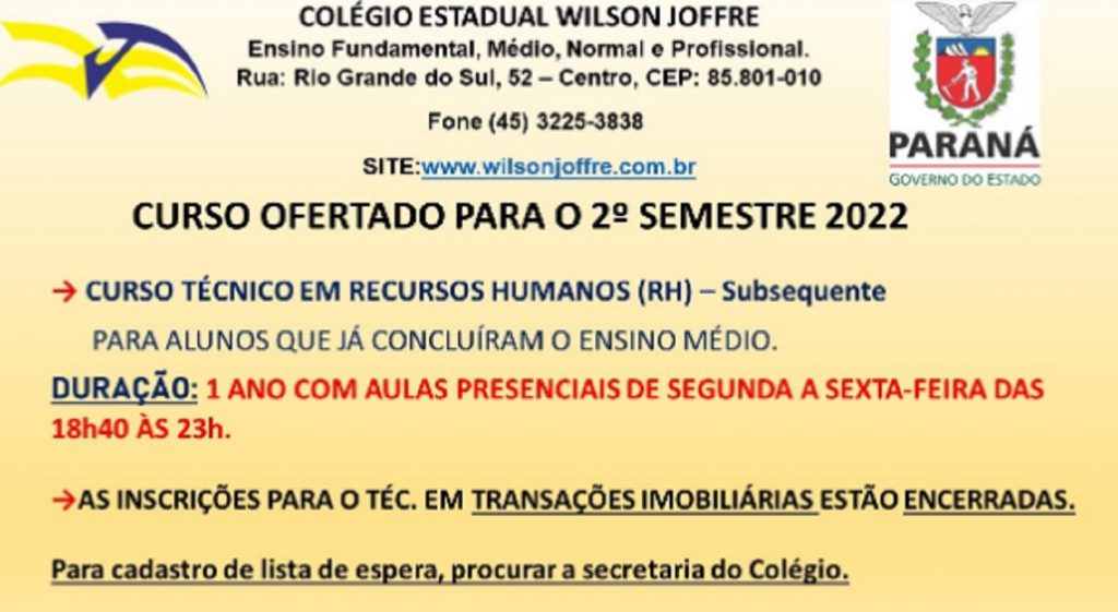 Colégio Wilson Joffre oferece curso técnico gratuito de Recursos Humanos
