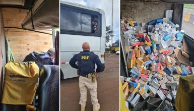 Imagem referente a Em Céu Azul, PRF apreende 300 celulares escondidos em fundo falso de ônibus de turismo