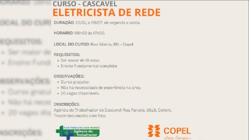 Imagem referente a Agência do Trabalhador em parceria com a Copel oferta curso gratuito de Eletricista de Rede