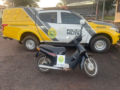 Moto furtada em Nova Aurora é recuperada pela Patrulha Rural em Assis