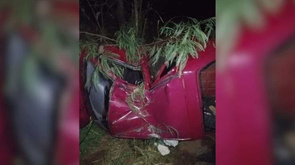 Fiesta colide em árvore e deixa três feridos na PR-488 em Diamante do Oeste