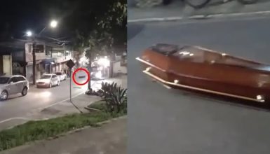 Imagem referente a Caixão com corpo cai de carro funerário e fica no meio da rua