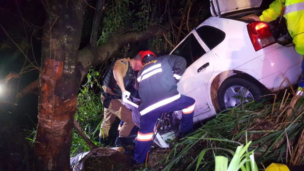 Motorista fica ferido ao sair da pista e atingir árvore e barranco às margens da BR-369, em Cascavel