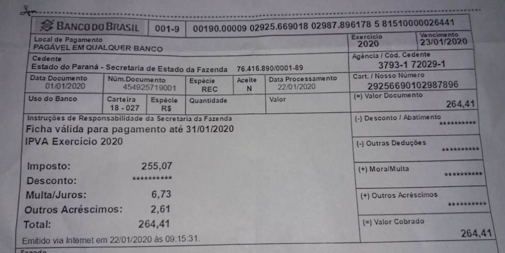 Internauta questiona acréscimos em boleto do IPVA