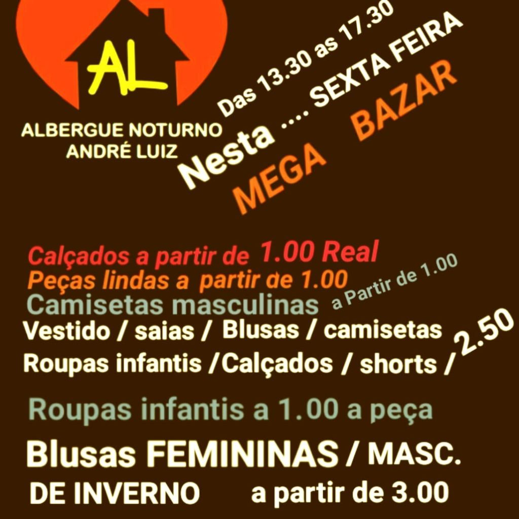 Bazar será realizado nesta sexta-feira (07) pelo Albergue Noturno André Luiz