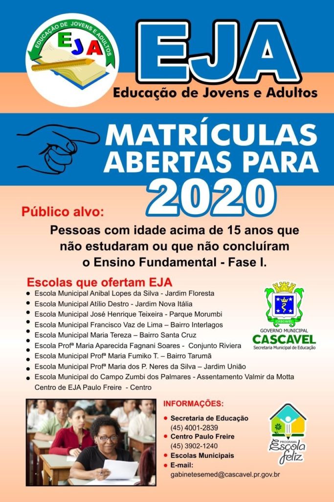 EJA está com matrículas abertas para o ano letivo de 2020