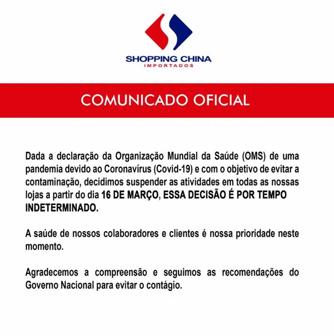 Shopping China suspende atividades nas lojas por tempo indeterminado