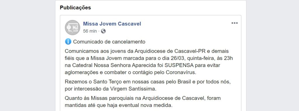 Missa Jovem é suspensa por conta do coronavírus