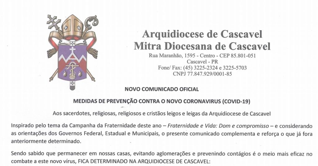 Por meio de comunicado, Arquidiocese de Cascavel cancela missas e celebrações