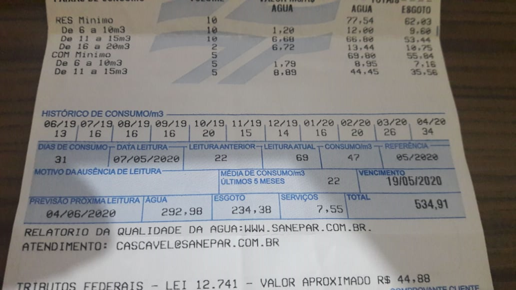 Aumento no valor da fatura de água gera reclamações de moradores em Cascavel