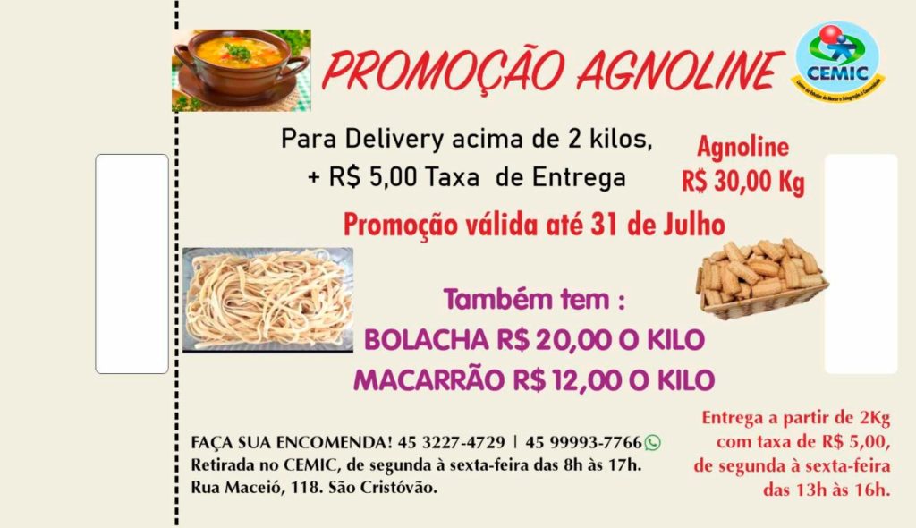 Cemic promove venda de agnoline no sistema delivery