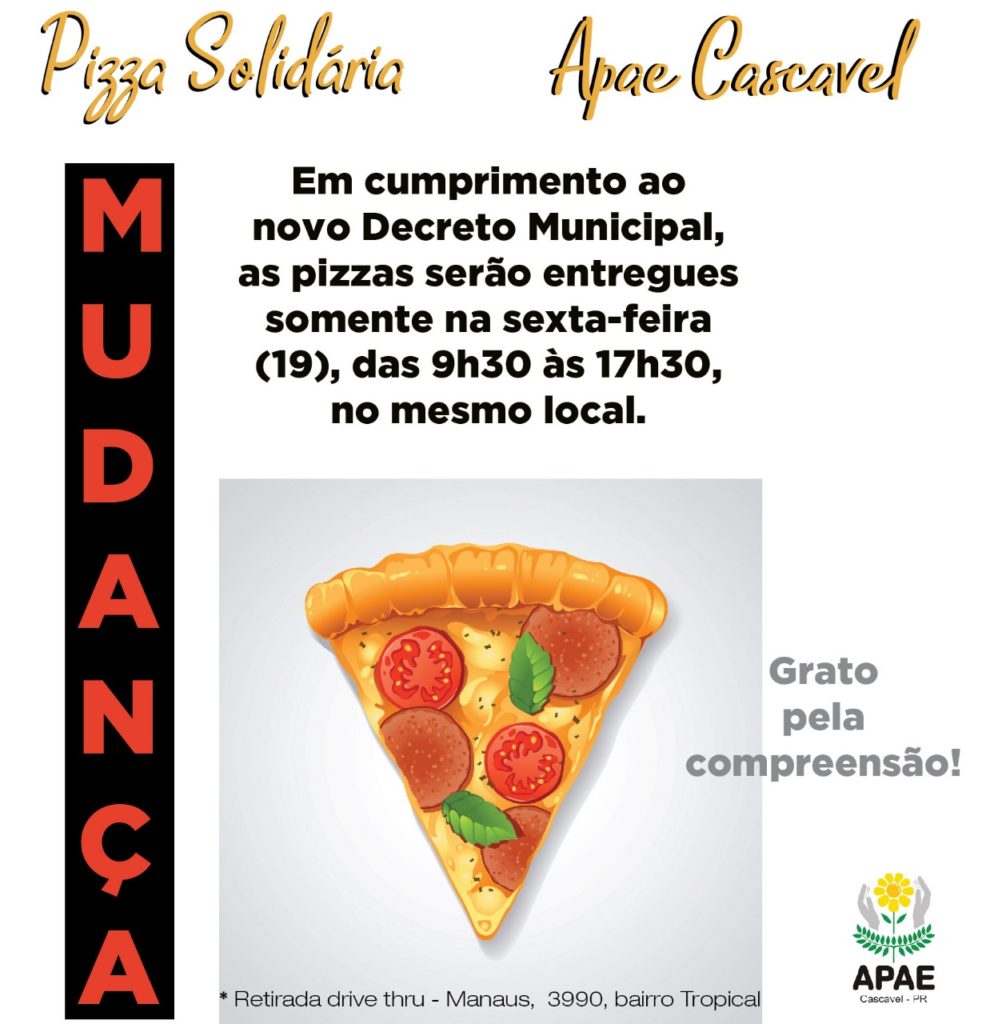 Pizza solidária Apae: ação será realizada somente na sexta-feira