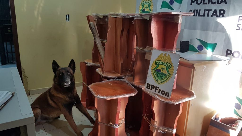 Cães do BPFron farejam e encontram bancos de madeira recheados com maconha