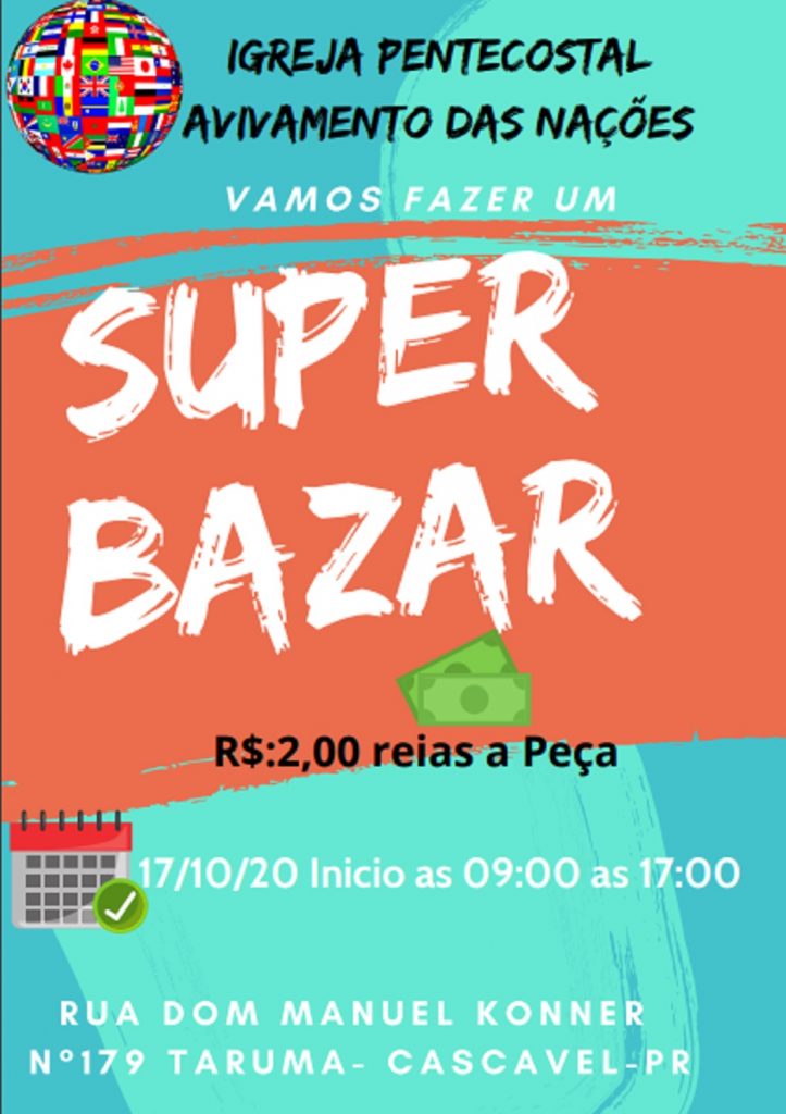Igreja Avivamento das Nações promove bazar no dia 17 de outubro no Tarumã