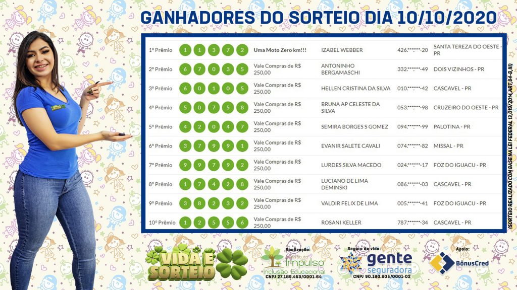 Confira os ganhadores do Vida e Sorteio deste sábado