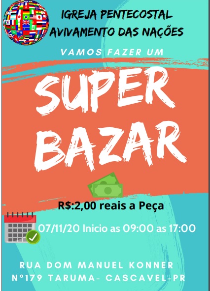 Igreja Pentecostal Avivamento das Nações fará bazar no dia 7 de novembro, no Tarumã Imagem referente a Igreja Pentecostal Avivamento das Nações fará bazar no dia 7 de novembro, no Tarumã
