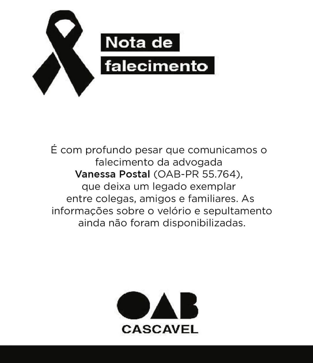 Vanessa Postal era advogada e OAB publica nota de pesar pela morte