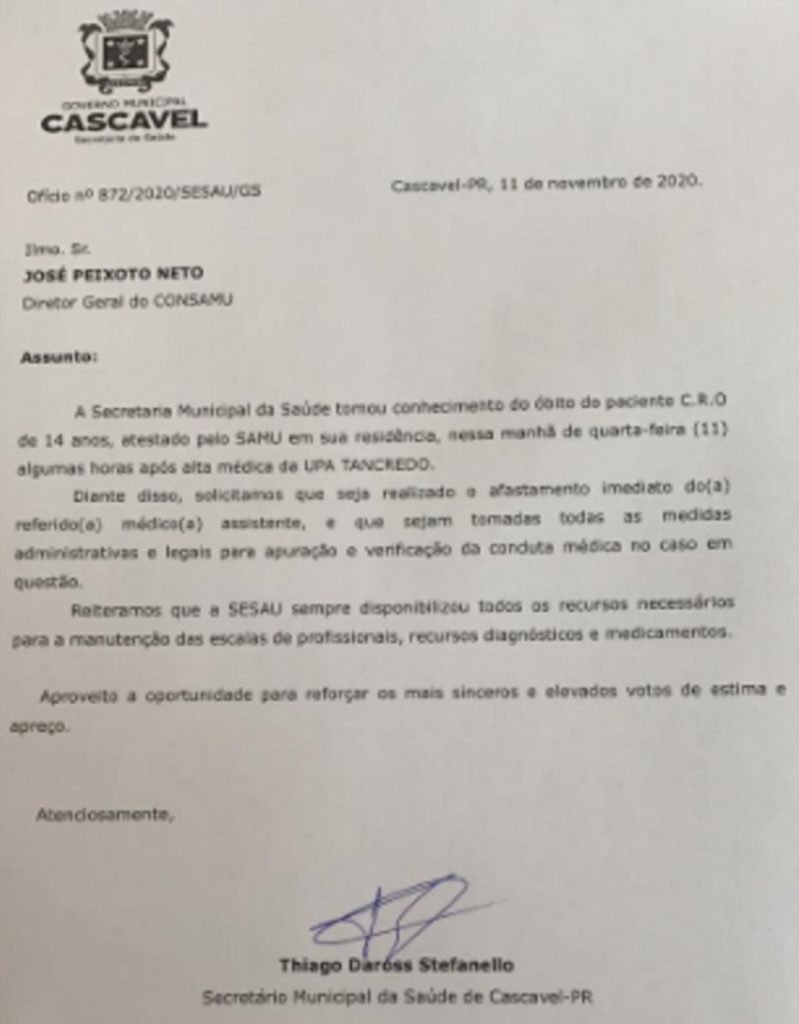 Secretaria de Saúde pede afastamento de médico envolvido em atendimento de adolescente que faleceu
