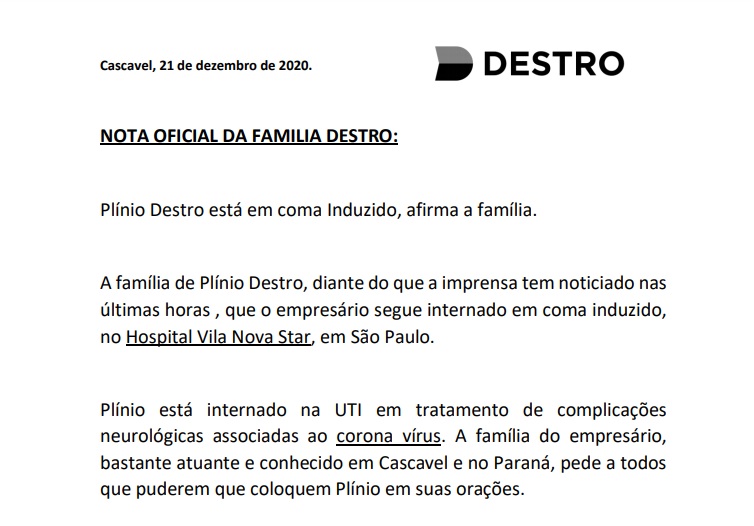 Família de Plinio Destro se manifesta sobre informação de falecimento
