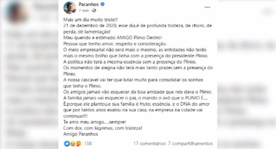 Após nota oficial, Paranhos apaga publicação sobre falecimento de Plinio Destro
