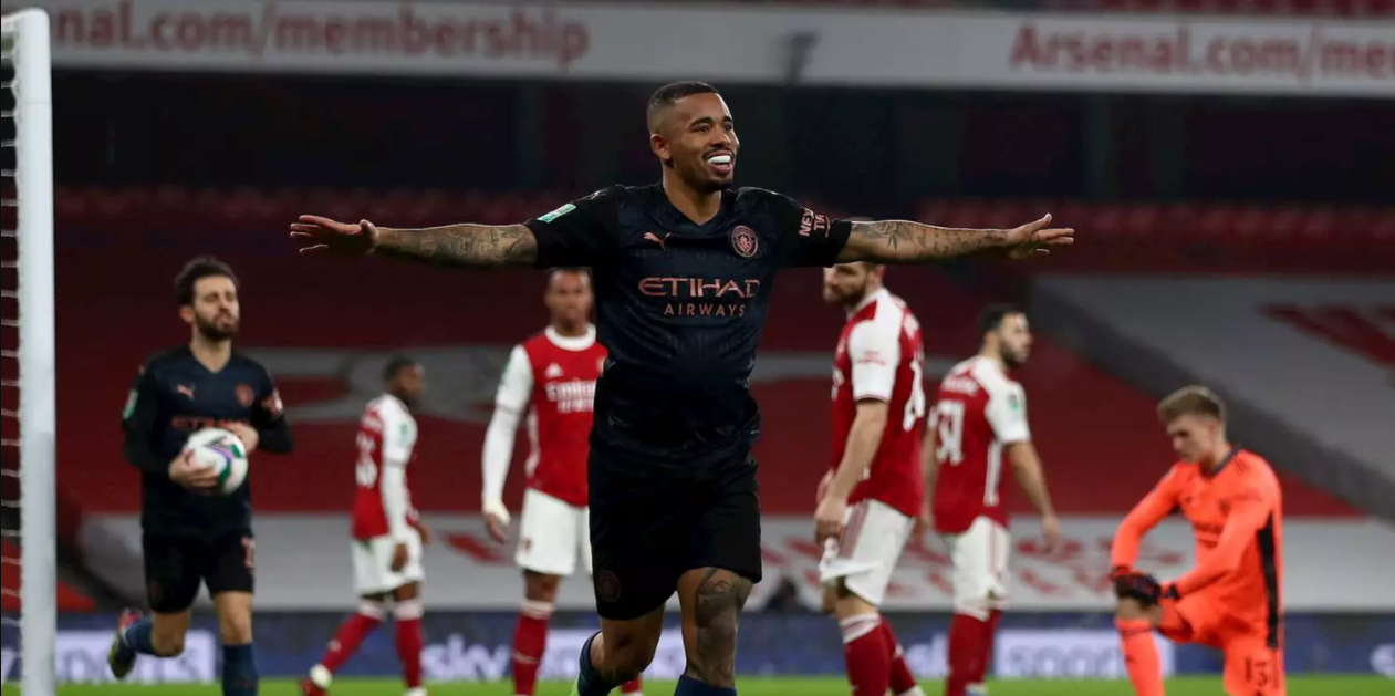 Gabriel Jesus marca e Manchester City goleia Arsenal na Copa da Liga Inglesa Imagem referente a Gabriel Jesus marca e Manchester City goleia Arsenal na Copa da Liga Inglesa