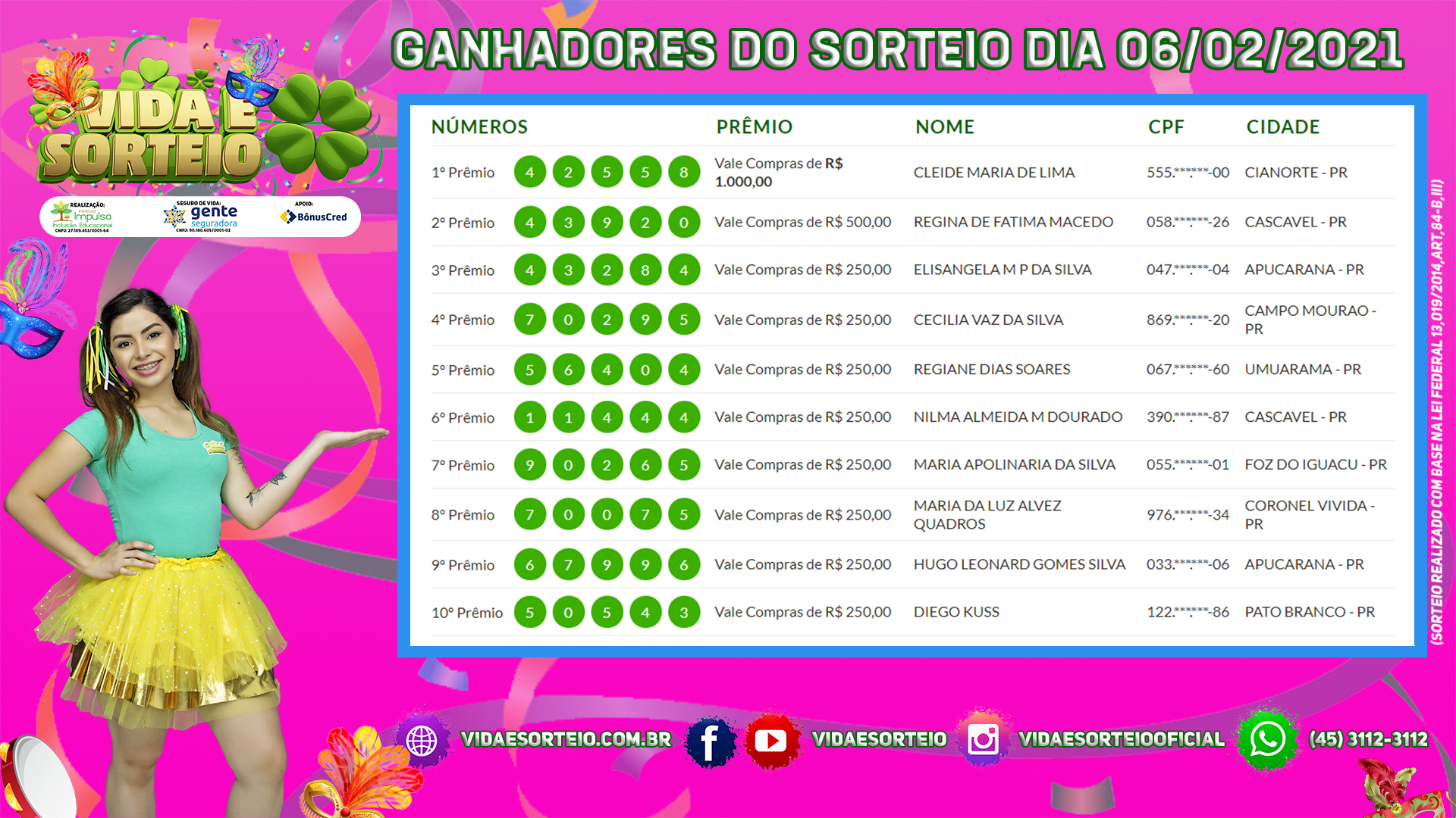 Veja quem são os ganhadores do Vida e Sorteio deste sábado