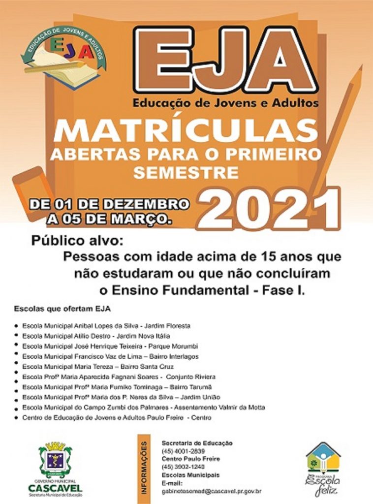 EJA está com matrículas abertas na Rede Municipal