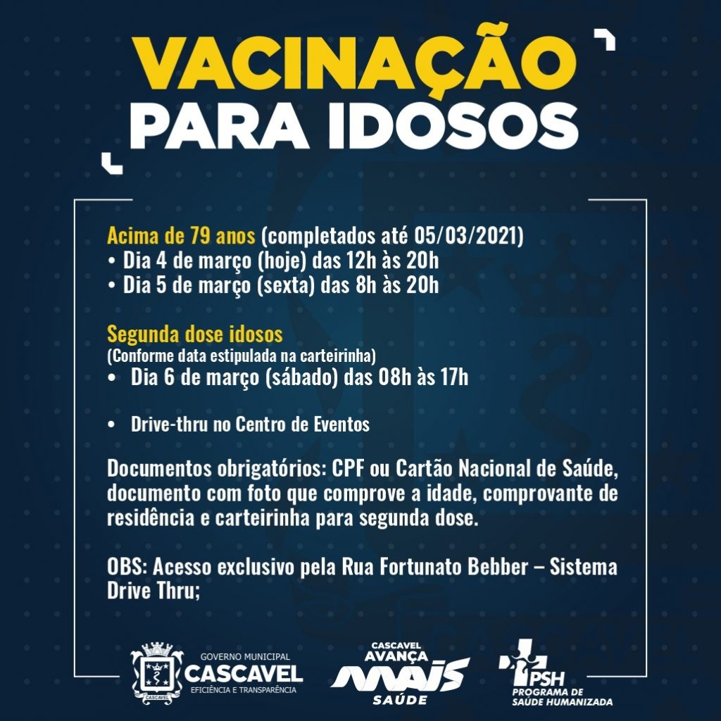 Prefeitura libera a vacinação contra Covid-19 para idosos acima de 79 anos no Centro de Eventos de Cascavel