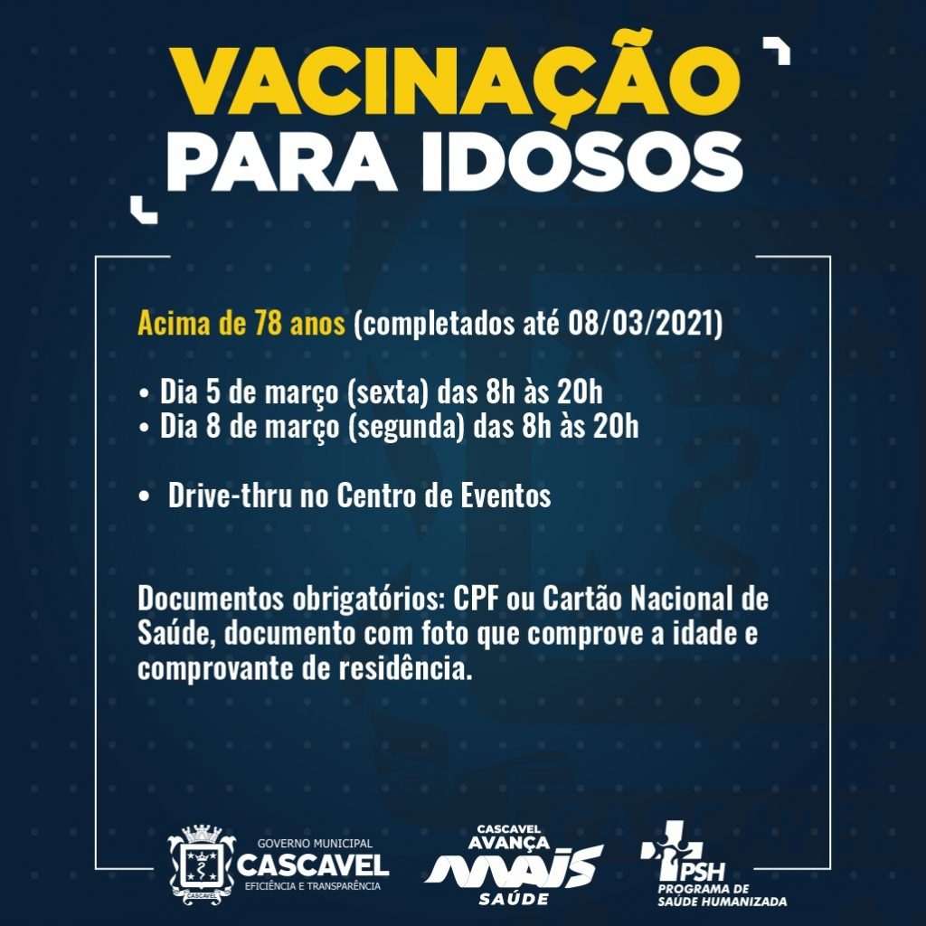 Covid-19: Idosos acima de 78 anos podem procurar o Centro de Eventos para receber a vacina