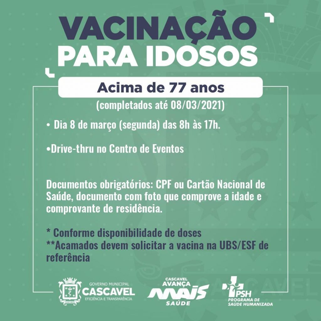 Idosos acima de 77 anos poderão se vacinar a partir de segunda-feira (8)