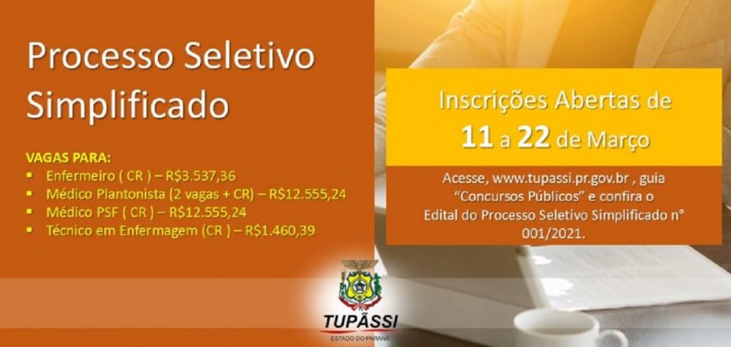 Município de Tupãssi abre inscrições para vagas via PSS direcionadas ao setor da Saúde