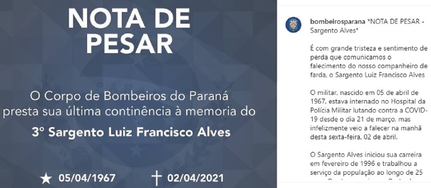 Corpo de Bombeiros lamenta pelo falecimento do Sargento Luiz Francisco Alves, vítima do Covid-19 Imagem referente a Corpo de Bombeiros lamenta pelo falecimento do Sargento Luiz Francisco Alves, vítima do Covid-19