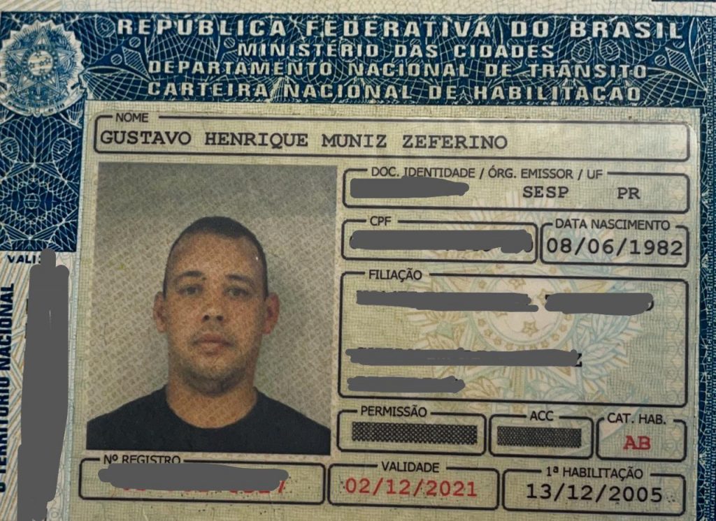 Habilitação em nome de Gustavo Henrique Muniz Zeferino foi encontrada no Centro