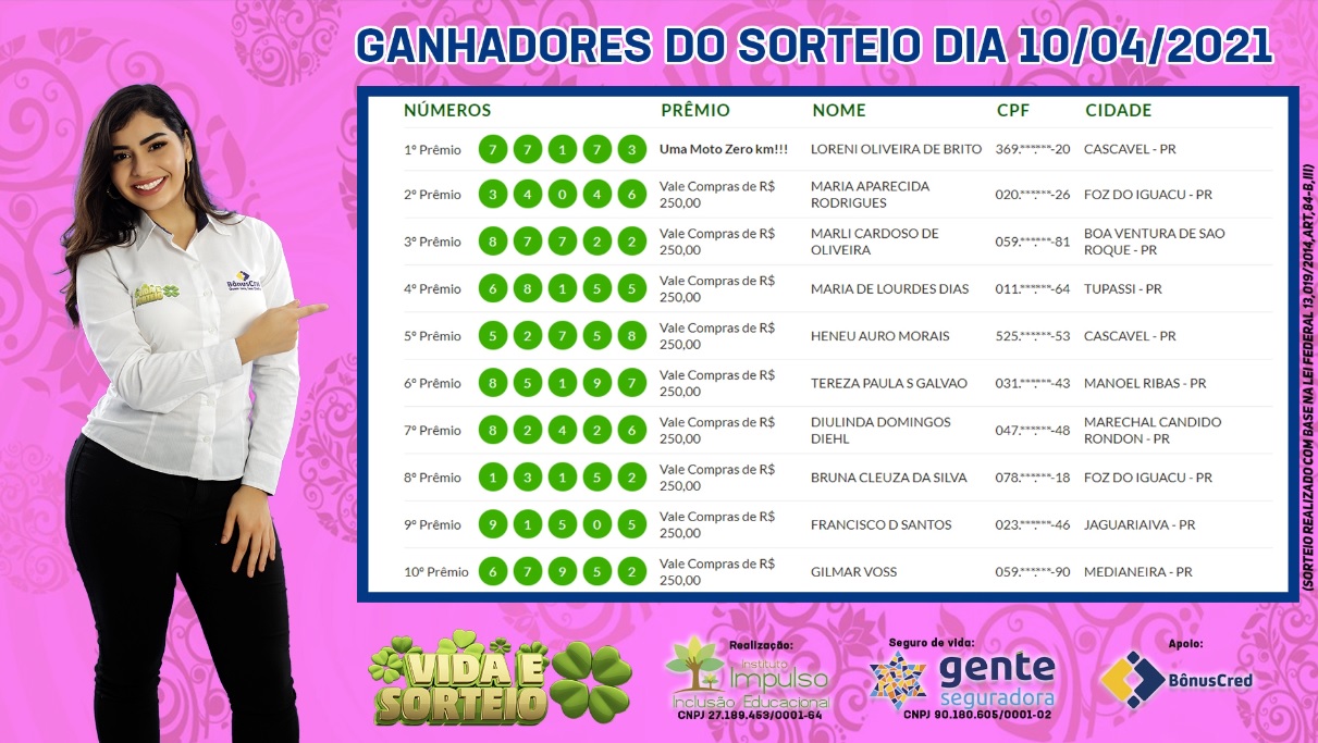 Veja quem são os ganhadores do Vida e Sorteio de hoje (10)