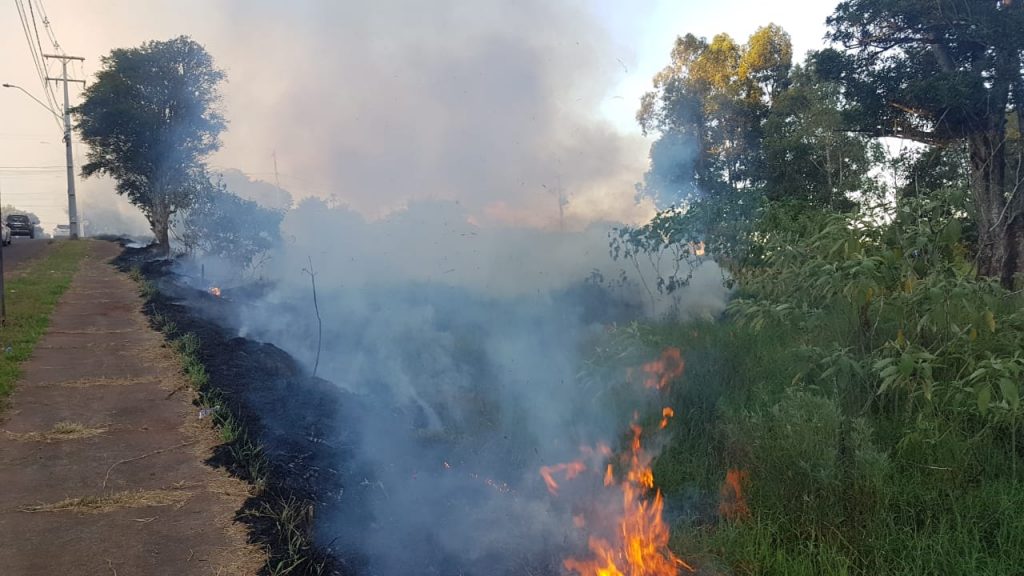 Área de vegetação é consumida pelo fogo no Conjunto Sanga Funda, em Cascavel