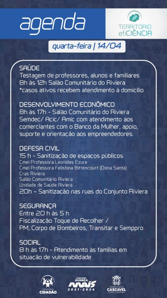 Confira a agenda do Território EfiCiência para esta quarta-feira (14) no Conjunto Riviera