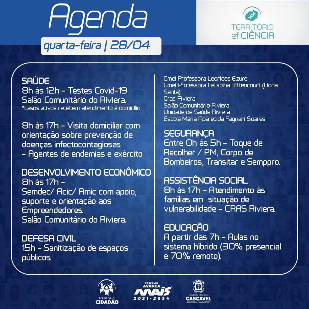 Veja a agenda do Território EfiCiência para esta quarta-feira (28)