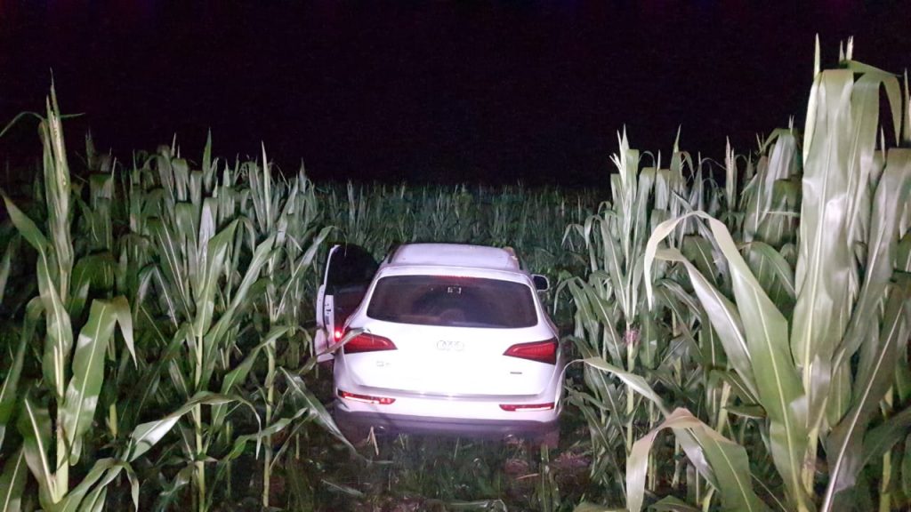 Audi Q5 colide com veículo parado, perde o controle e invade plantação, no Bairro Santo Inácio