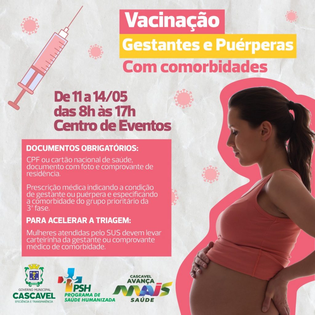 Vacinação para gestantes e puérperas com comorbidades será entre 11 e 14 de maio