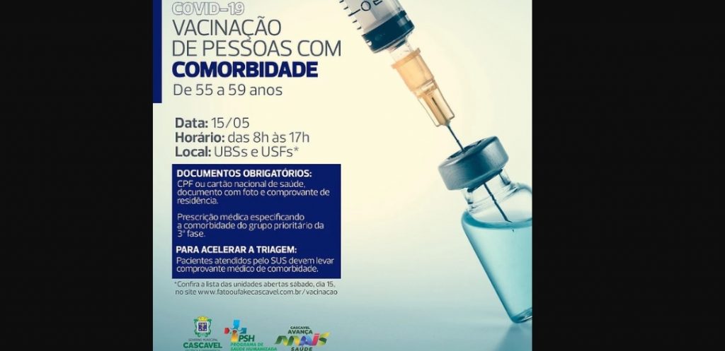 Unidades de saúde abrirão no sábado para vacinar pessoas com comorbidade