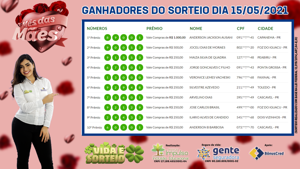 Veja quem são os ganhadores do Vida e Sorteio deste sábado