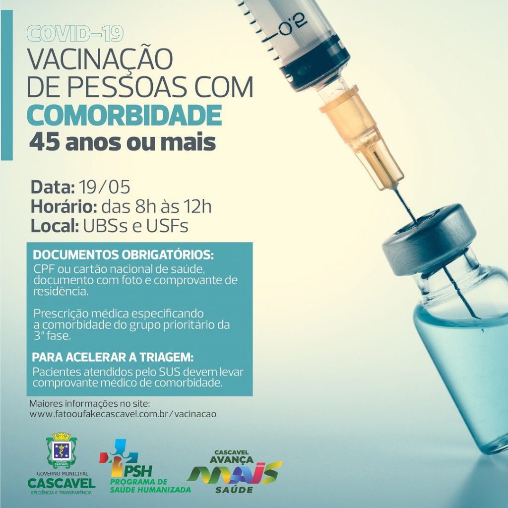Grupo de comorbidades: Amanhã serão vacinadas pessoas com 45 anos ou mais