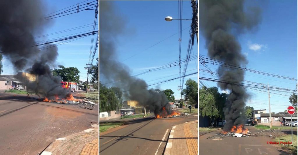 Guarda Municipal intervém em protesto de moradores na Av. Araucária, em Foz do Iguaçu